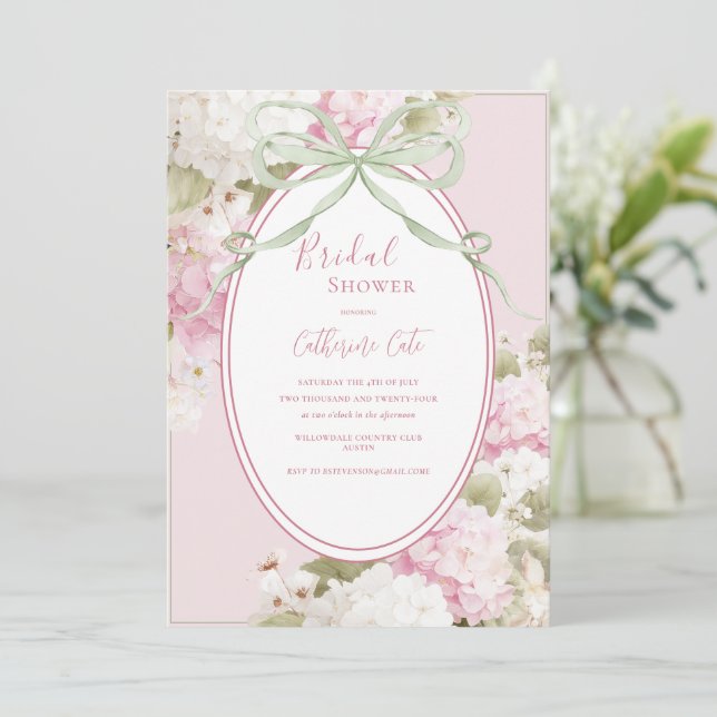 Invitation Pink White Hydrangeas Sage Green Bridal Shower (Debout devant)