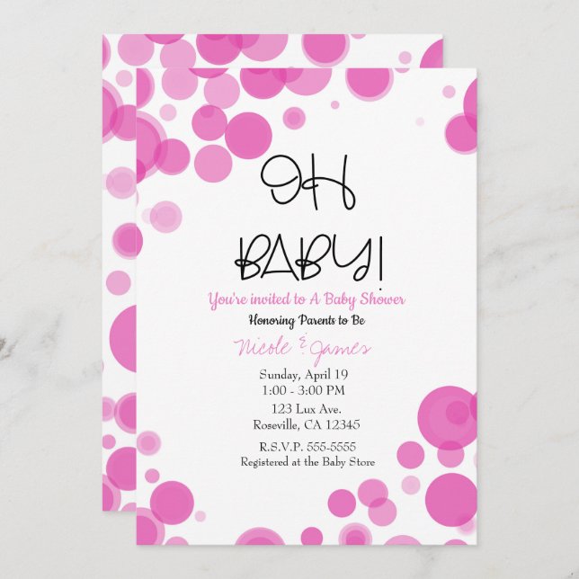 Invitation Pink & White Polka Dot Bubbles OH Baby shower (Devant / Derrière)