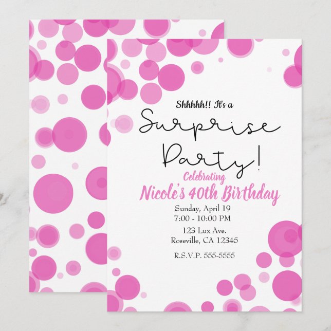 Invitation Pink & White Polka Dot Bulles Surprise Party (Devant / Derrière)