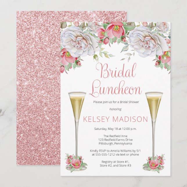 Invitation Pink White Rose Floral Blooms Bridal Luncheon (Devant / Derrière)