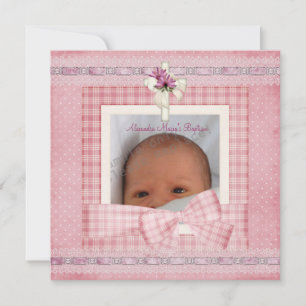 Invitation Pink White Silver Photo Croix Baptême Christening