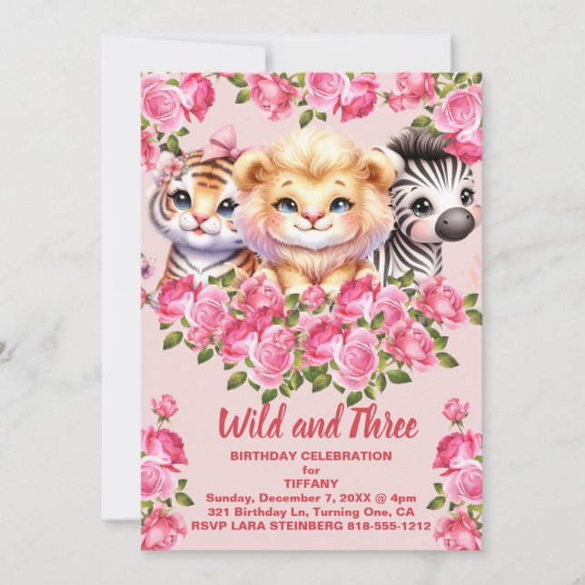 Invitation Pink Wild et fête d'anniversaire de la fille de 3  (Devant)