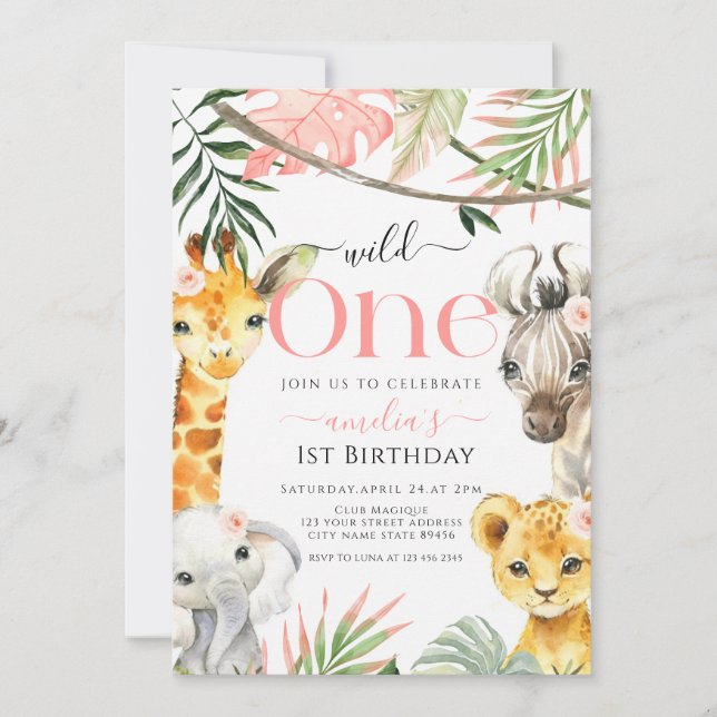 Invitation Pink Wild One Safari Jungle 1ère fille anniversair (Devant)