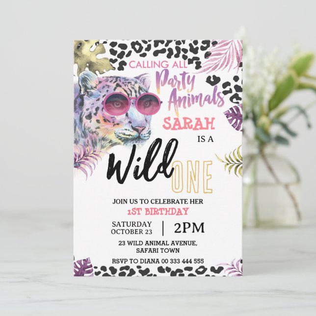 Invitation Pink Wild Un 1er anniversaire Safari Jungle Girl (Debout devant)