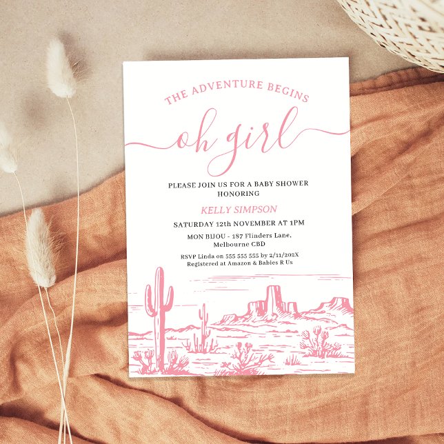 Invitation Pink Wilderness Adventure commence le Baby shower (Pink The Adventure Begins Baby Shower Invitation Girl, Wilderness, Western Desert, Oh Girl Wild West)