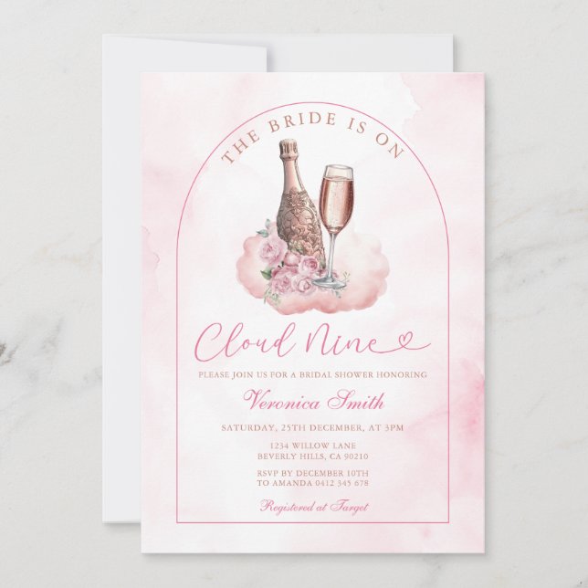Invitation Pink Wine The Bride is Cloud Nine Bridal Shower (Devant)