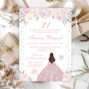 Invitation Pink Winter Brunette Hair Princesse Anniversaire