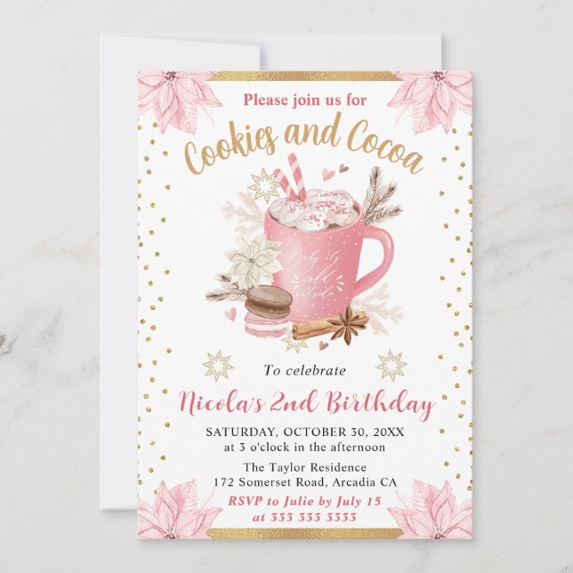 Invitation Pink Winter Cookies & Cocoa Birthday Party (Devant)