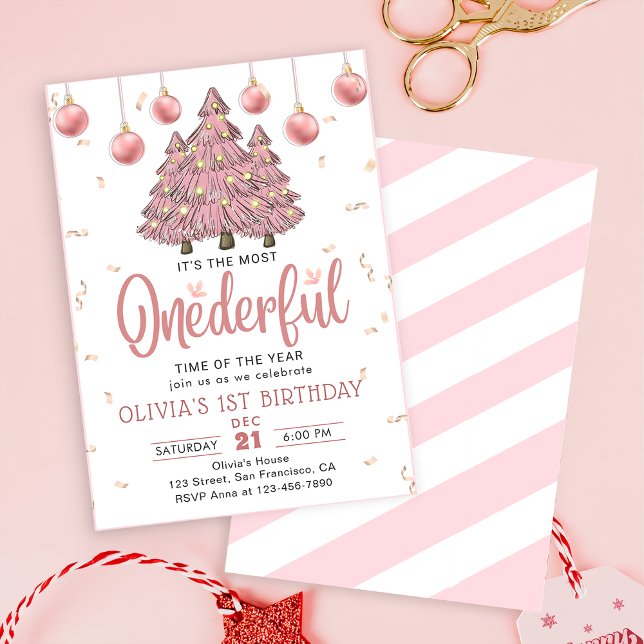 Invitation Pink Winter Onederful Noël Arbres Anniversaire (Créateur téléchargé)