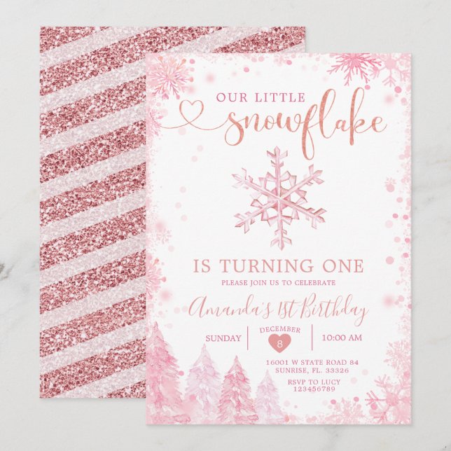 Invitation Pink Winter Onederland Snowflake 1er anniversaire  (Devant / Derrière)