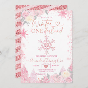 Invitation Pink Winter Onederland Snowflake 1er anniversaire
