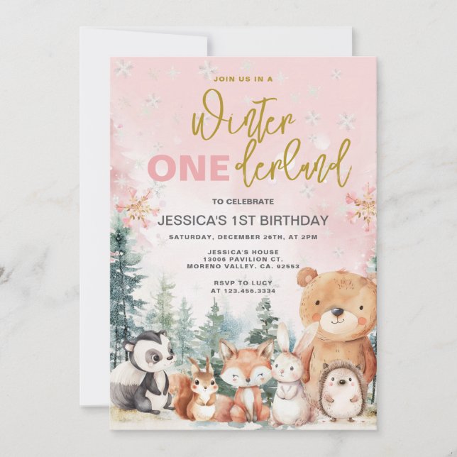 Invitation Pink Winter Onederland Woodland 1er anniversaire (Devant)
