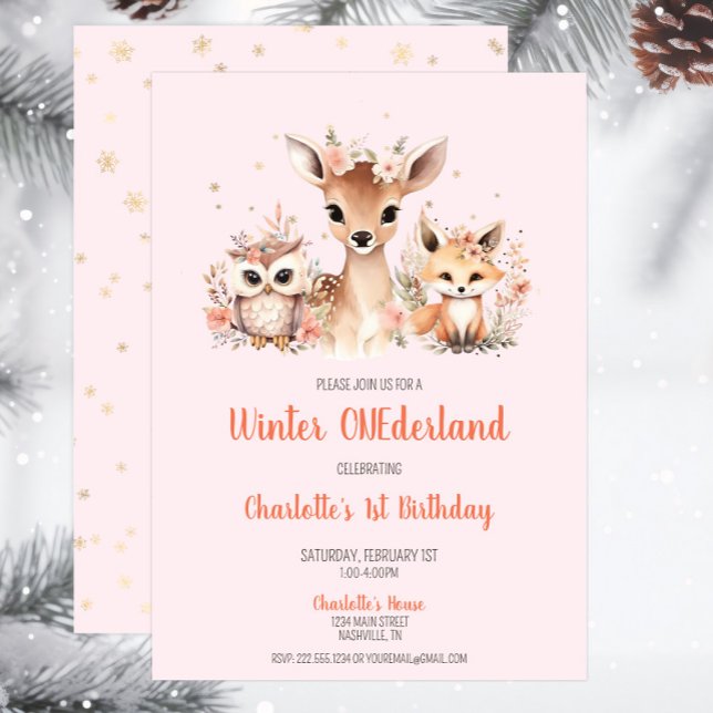 Invitation Pink Winter Onederland Woodland Anniversaire (Pink Snowflake Woodland Winter Onederland Birthday Invitation, Deer Owl Fox, Winter Wonderland)