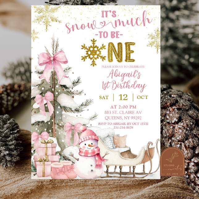 Invitation Pink Winter Snow Much Fun First Photo Birthday (Créateur téléchargé)