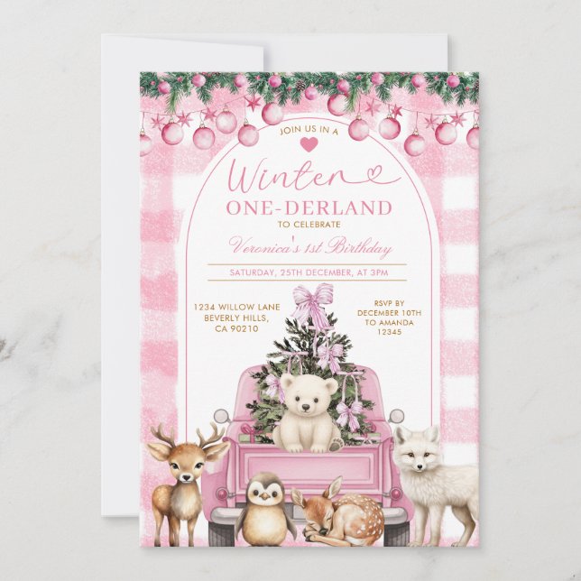 Invitation Pink Winter Truck Onederland 1st Birthday Animals (Devant)