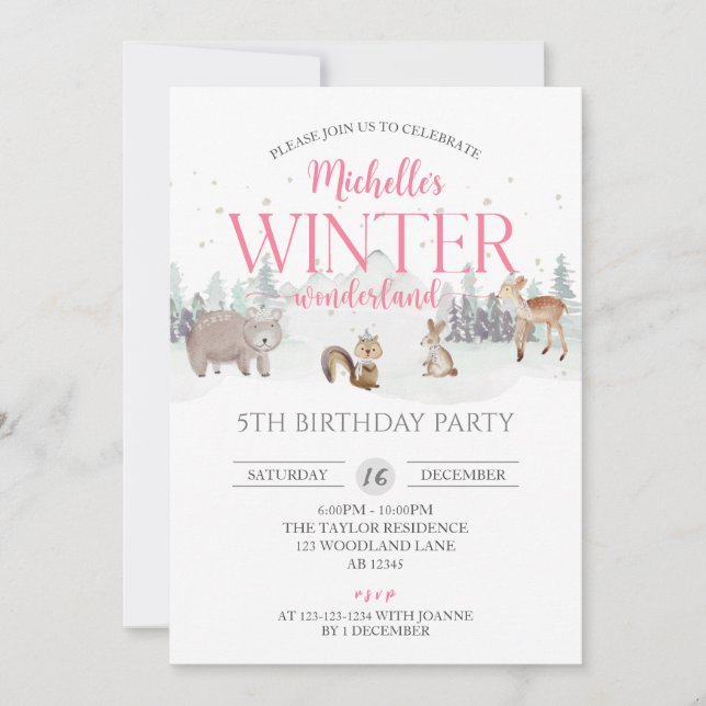 Invitation Pink Winter Wonderland Anniversaire, Fille 5e Anni (Devant)
