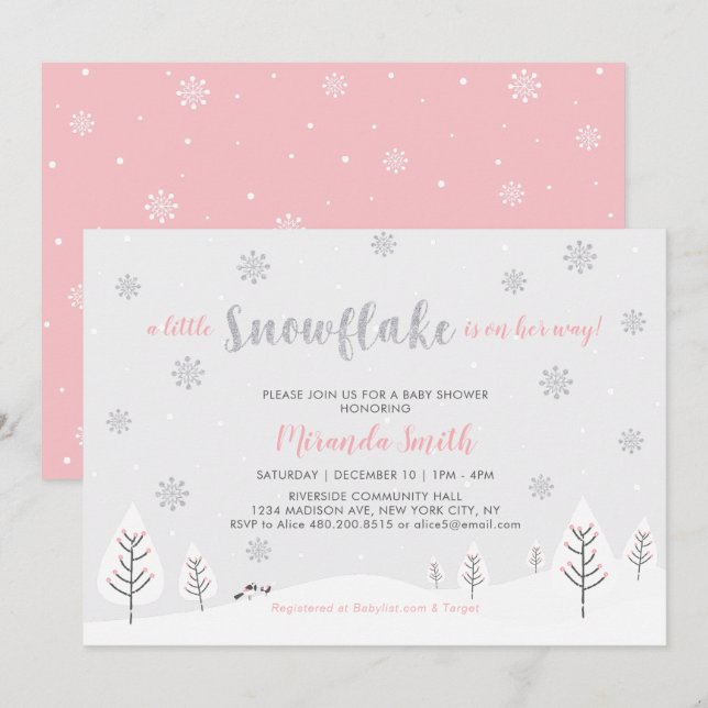 Invitation Pink Winter Wonderland, Fille Baby shower/Saupoudr (Devant / Derrière)