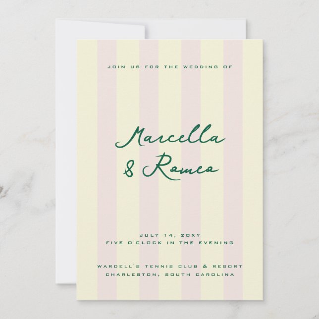 Invitation Pink Yellow Vertical Stripes Tennis Club (Devant)