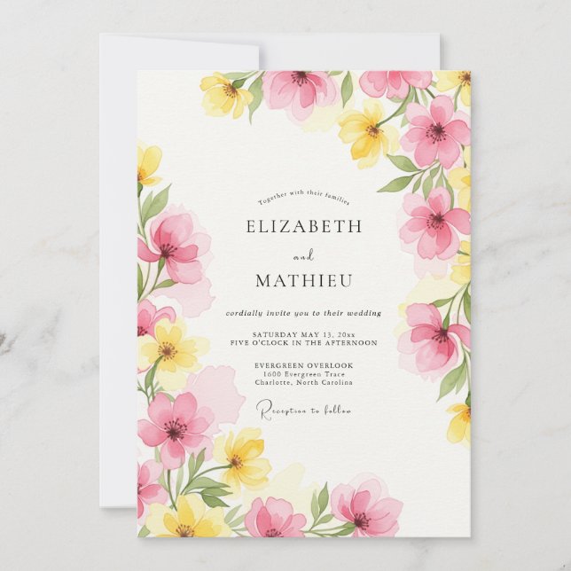 Invitation Pink Yellow Watercolor Spring Wedding (Devant)