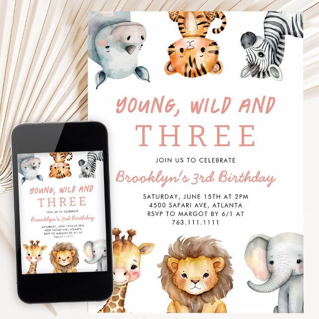 Invitation Pink Young Wild and Three Safari Birthday Party (Créateur téléchargé)