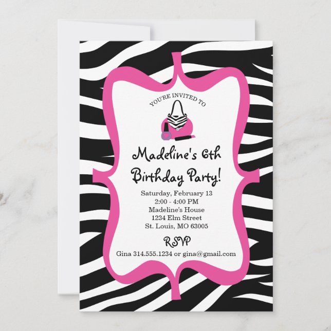 Invitation Pink Zebra Print Diva Spa Anniversaire (Devant)