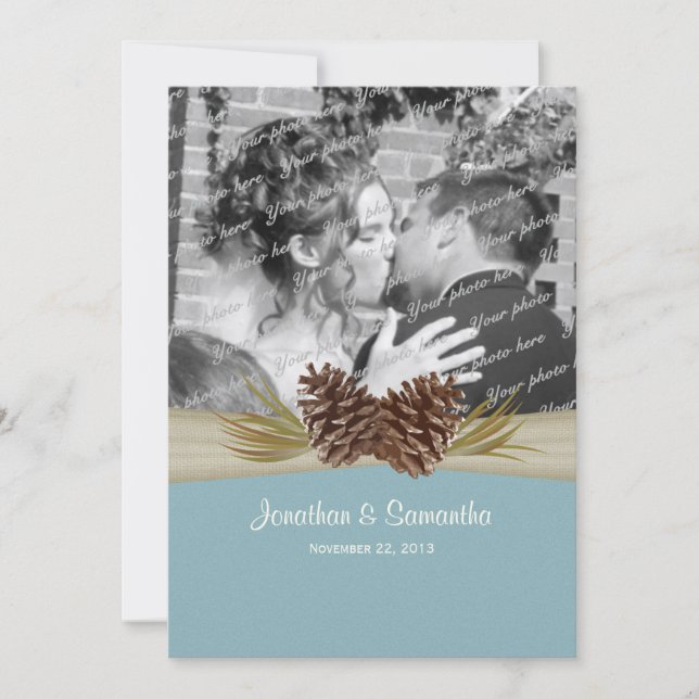Invitation Pins de bois Mariage bleu avec photo (Devant)