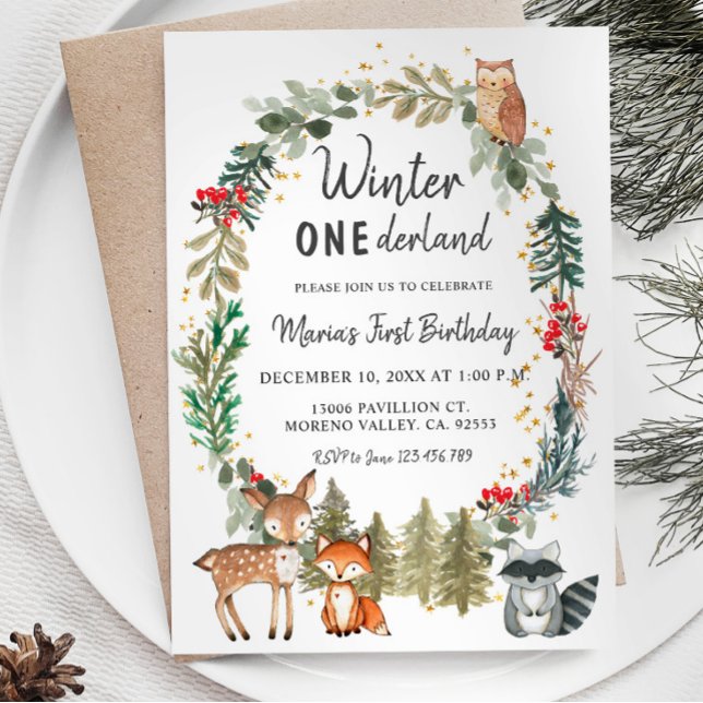 Invitation Pins de forêt Onederland Anniversaire hivernal (Créateur téléchargé)