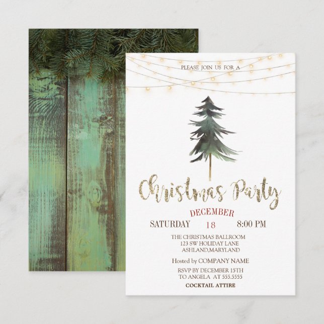 Invitation Pins de Noël, Lumières Bois Fête de Noël (Devant / Derrière)
