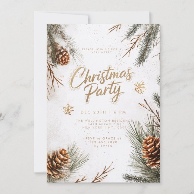 Invitation Pins neigeux Pinecones Snowflakes Gold Christmas (Devant)