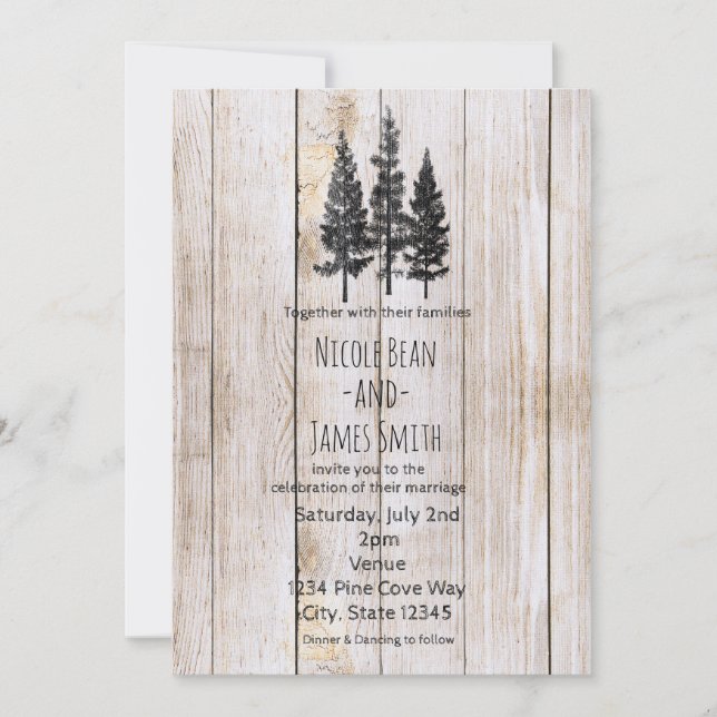 Invitation Pins rustiques Bois Mariage campagnard simple (Devant)