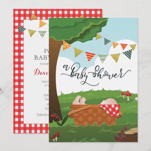 Invitation Pique-nique Baby shower/BBQ/Woodland (Devant / Derrière)