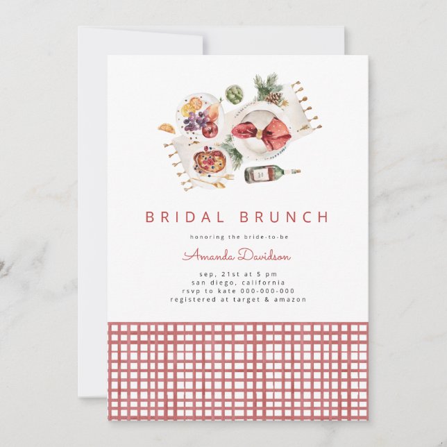 Invitation Pique-nique BBQ Red Plaid Aquarelle Bridal Brunch (Devant)