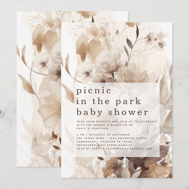 Invitation Pique-nique Boho Florals dans le Baby shower Park (Devant / Derrière)