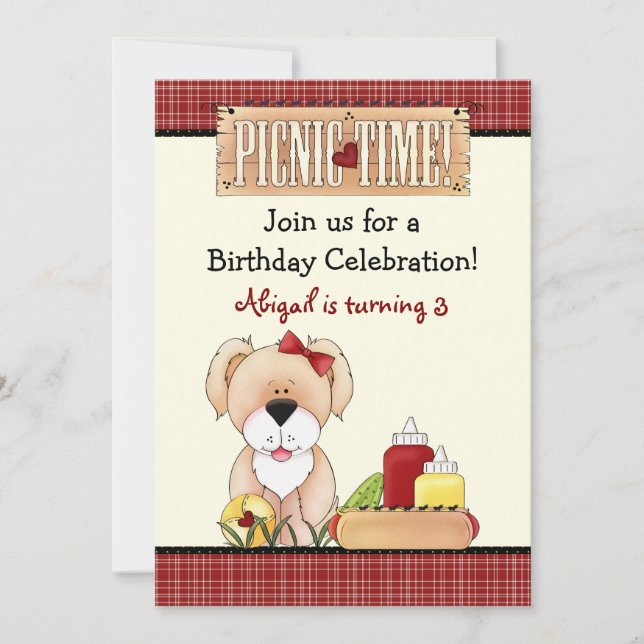 Invitation Pique-nique d'Anniversaire de Chien mignon ~ Fille (Devant)