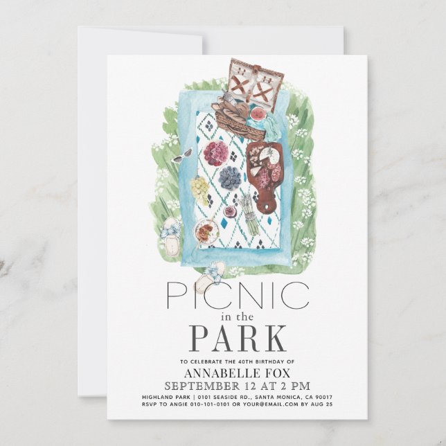 Invitation Pique-nique dans le parc Aquarelle Anniversaire (Devant)