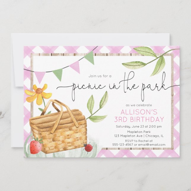 Invitation Pique-nique dans le parc rose fête d'anniversaire  (Devant)