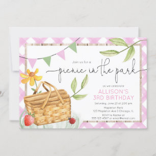 Invitation Pique-nique dans le parc rose fête d'anniversaire