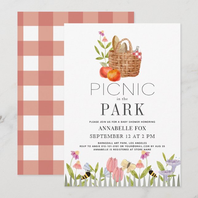 Invitation Pique-nique dans le Park Basket Floral Baby shower (Devant / Derrière)