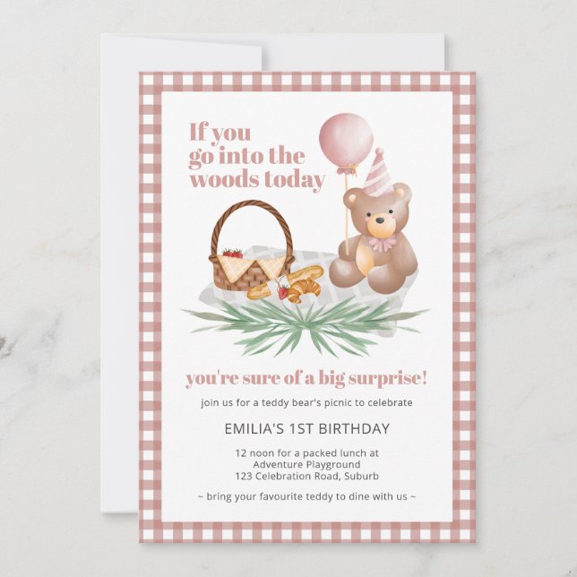 Invitation Pique-nique de l'ours rose Teddy : 1er anniversair (Devant)