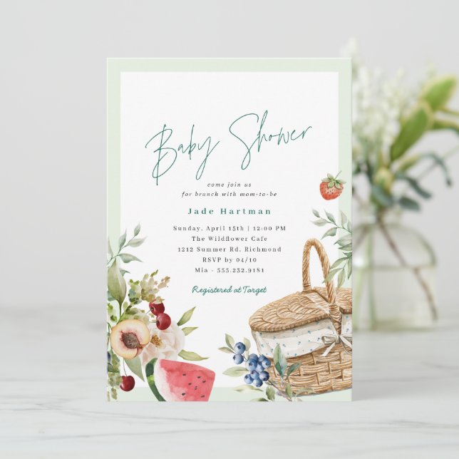 Invitation Pique-nique de printemps | Brunch Baby shower vert (Debout devant)