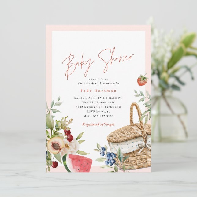 Invitation Pique-nique d'été | Brunch Baby shower Fille Rose  (Debout devant)