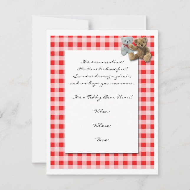 Invitation Pique-nique d'ours en peluche avec nappe rouge et  (Devant)