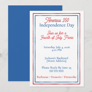 Invitation Pique-nique patriotique rouge, blanc et bleu du 4