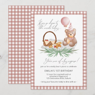Invitation Pique-nique Pink Teddy Bear Balloon 1er Anniversai