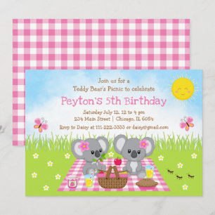 Invitation Pique-nique rose de Koala Bear En vichy anniversai