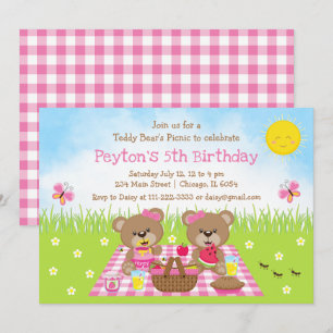 Invitation Pique-nique rose de Teddy Bear En vichy anniversai