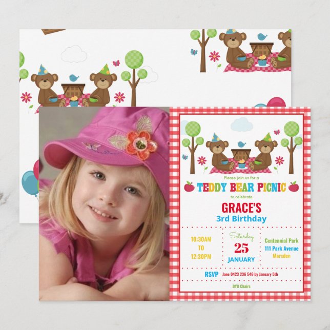 Invitation Pique-nique Teddy Bear 1er Birthday Boy Girl Photo (Devant / Derrière)