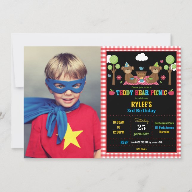 Invitation Pique-nique Teddy Bear 1er Birthday Girl Boy Photo (Devant)