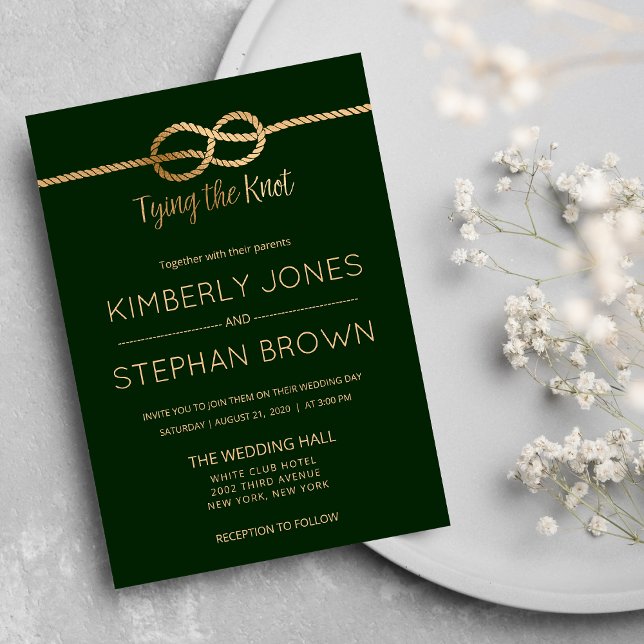 Invitation Piquer la citation de noeud Mod Forest Green Gold  (Tying the Knot Quote Mod Forest Green Gold Wedding )