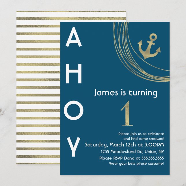 Invitation Pirate 1er anniversaire Faux Gold Ancre Nautique (Devant / Derrière)